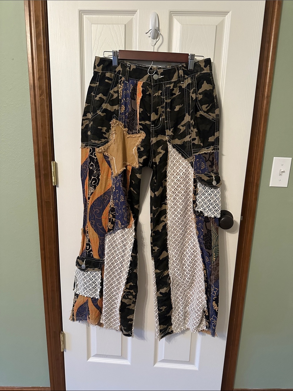 POL Women's Wide Leg Patchwork Pants in Camouflage, Navy & Tan